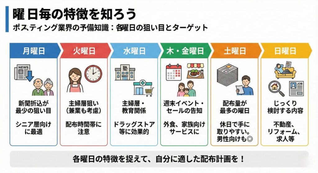 ポスティングの効果的な配布計画のため、曜日ごとのターゲット層と特徴をまとめた図です。